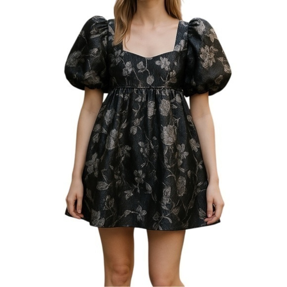 New ▶️ Sofie the Label ◀️ Black Silver Puff Sleeve Ruffle Mini Babydoll Dress